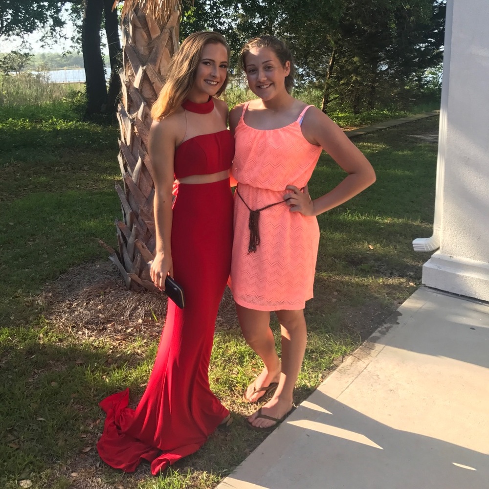 Red faux two piece prom dress